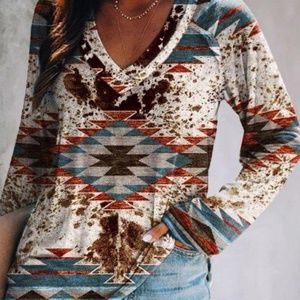 New Long Sleeve Aztec Geometric Blouse